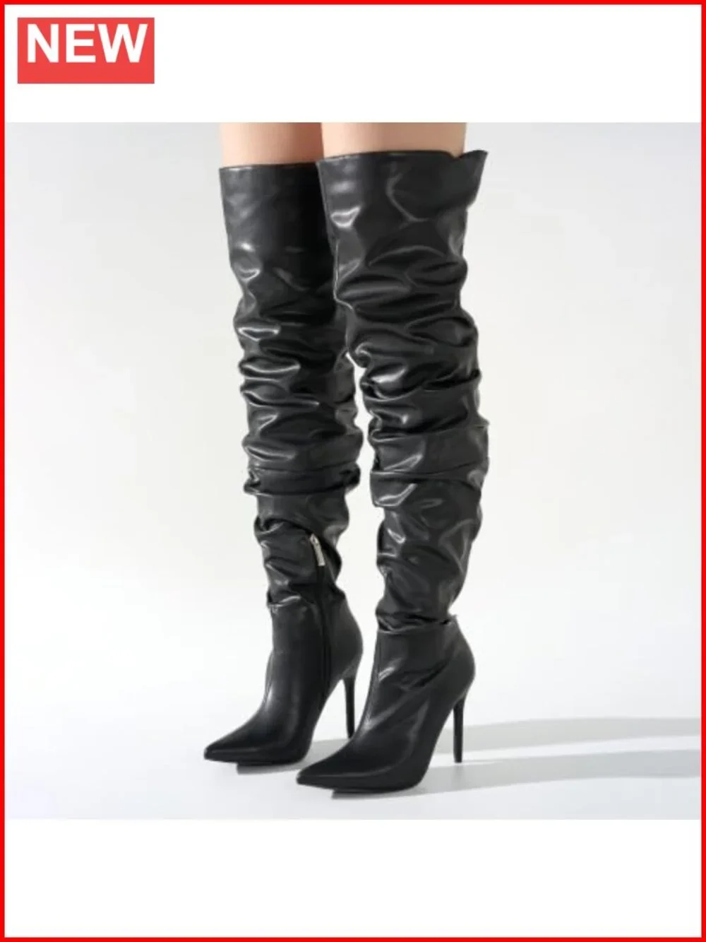 Pointed Toe Thigh High Boots 4 Inch Heel Cushioned Over the Knee Slouch
